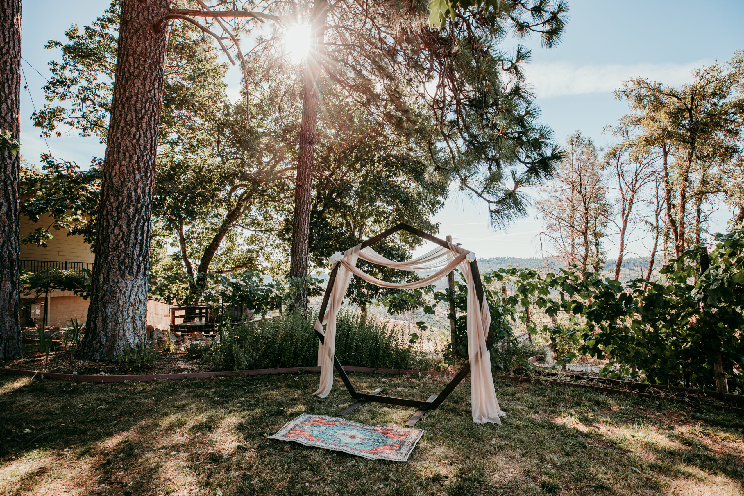 Backyard Airbnb ceremony setup for an intimate wedding in Grass Valley CA, captured by Grass Valley CA elopement photographer.