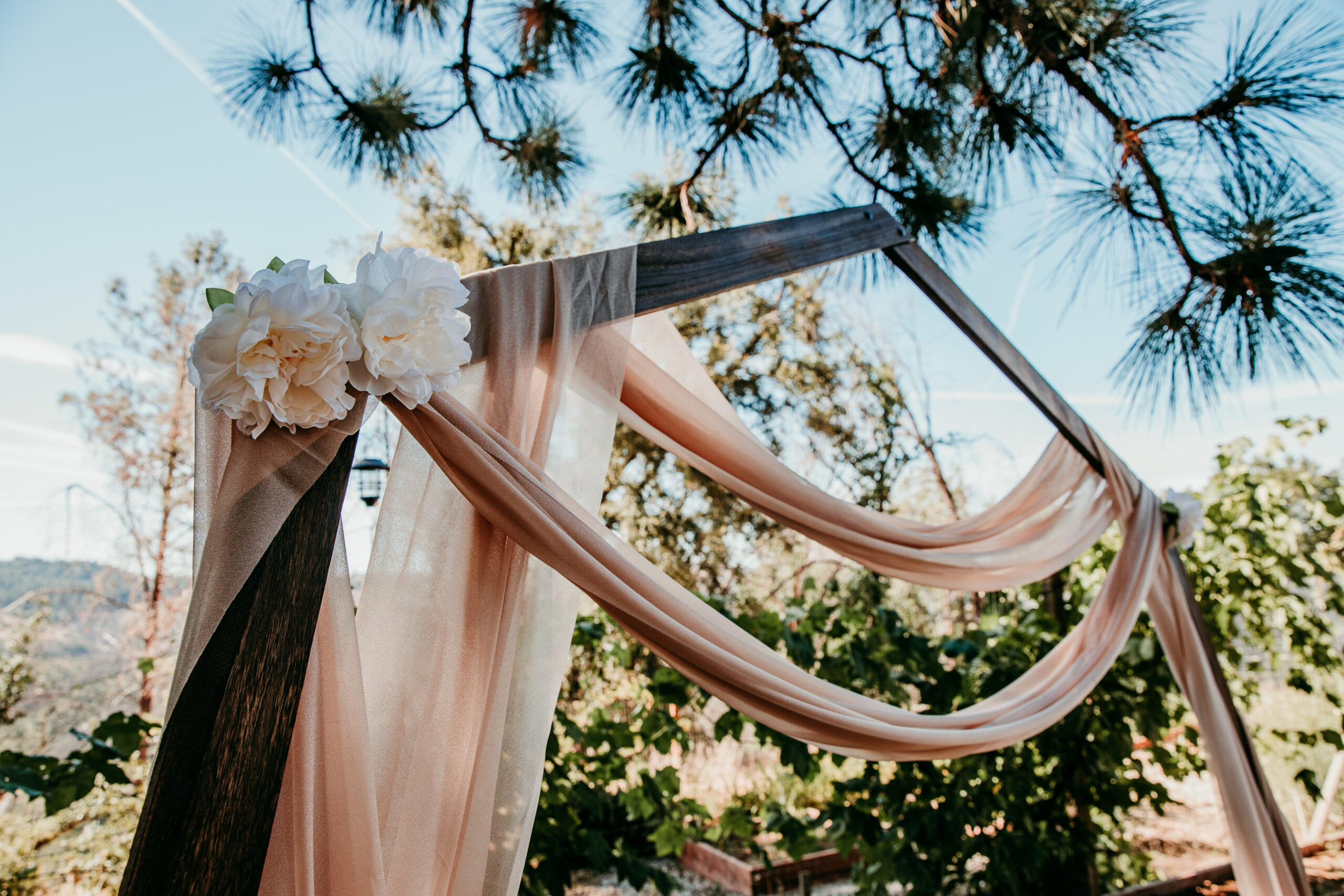 Blush fabric and white florals on a wooden arch for an Airbnb backyard wedding in Grass Valley CA, captured by a Grass Valley CA elopement photographer.