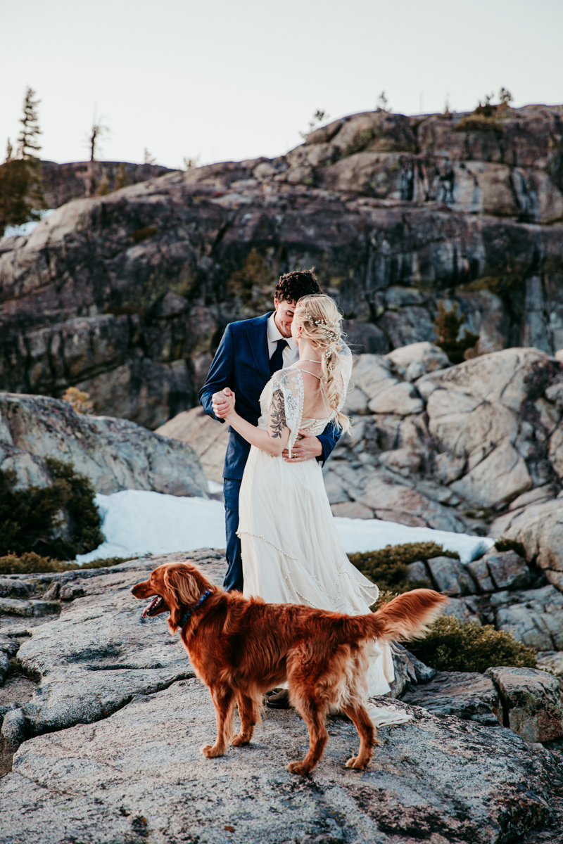 Bride and groom embracing during their snowy Donner Summit elopement while their golden retriever looks on in the foreground, surrounded by rugged mountain rocks.