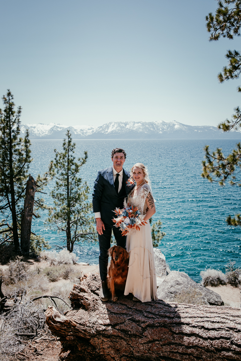 Just married couple with their golden retriever standing by the turquoise waters of Lake Tahoe at Logan Shoals Vista Point
