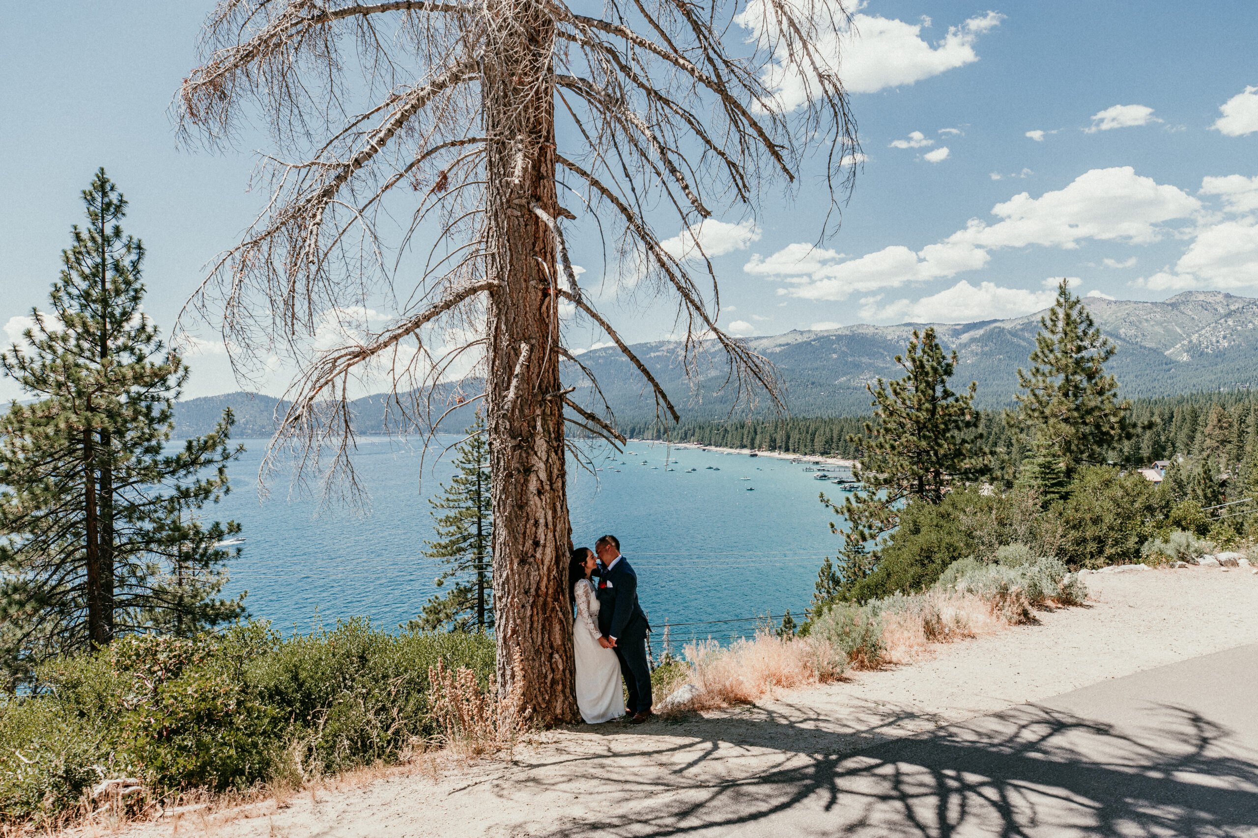 Elopement in Lake Tahoe couple standing under a tall pine tree with turquoise lake and mountain views.