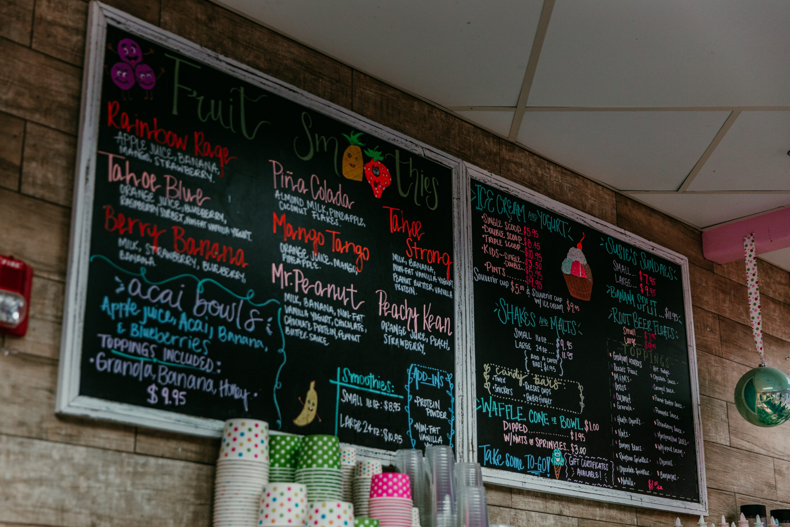Colorful Susie Scoops ice cream shop menu in Incline Village during an elopement Lake Tahoe stop.