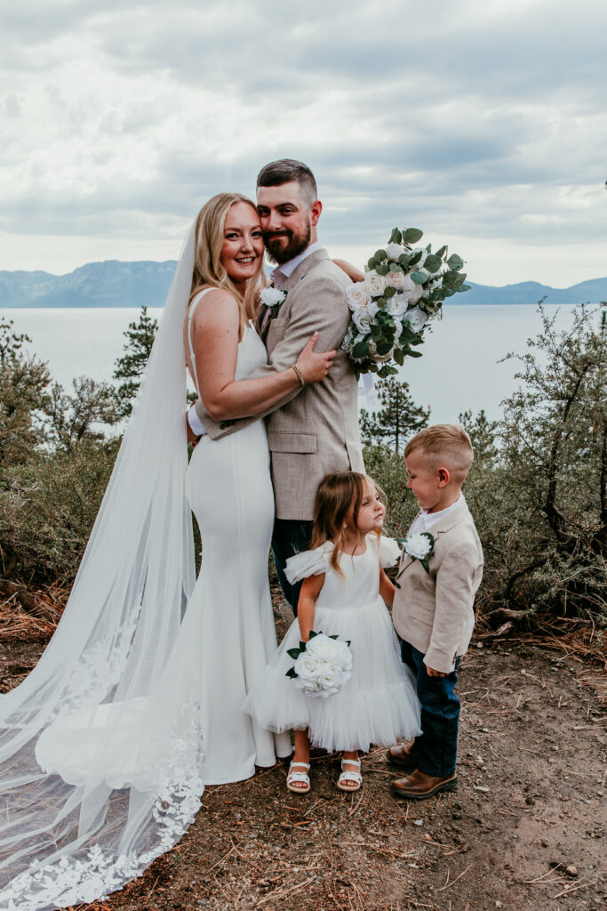 Lake Tahoe blended family elopement portrait with parents and children at Logan Shoals overlook