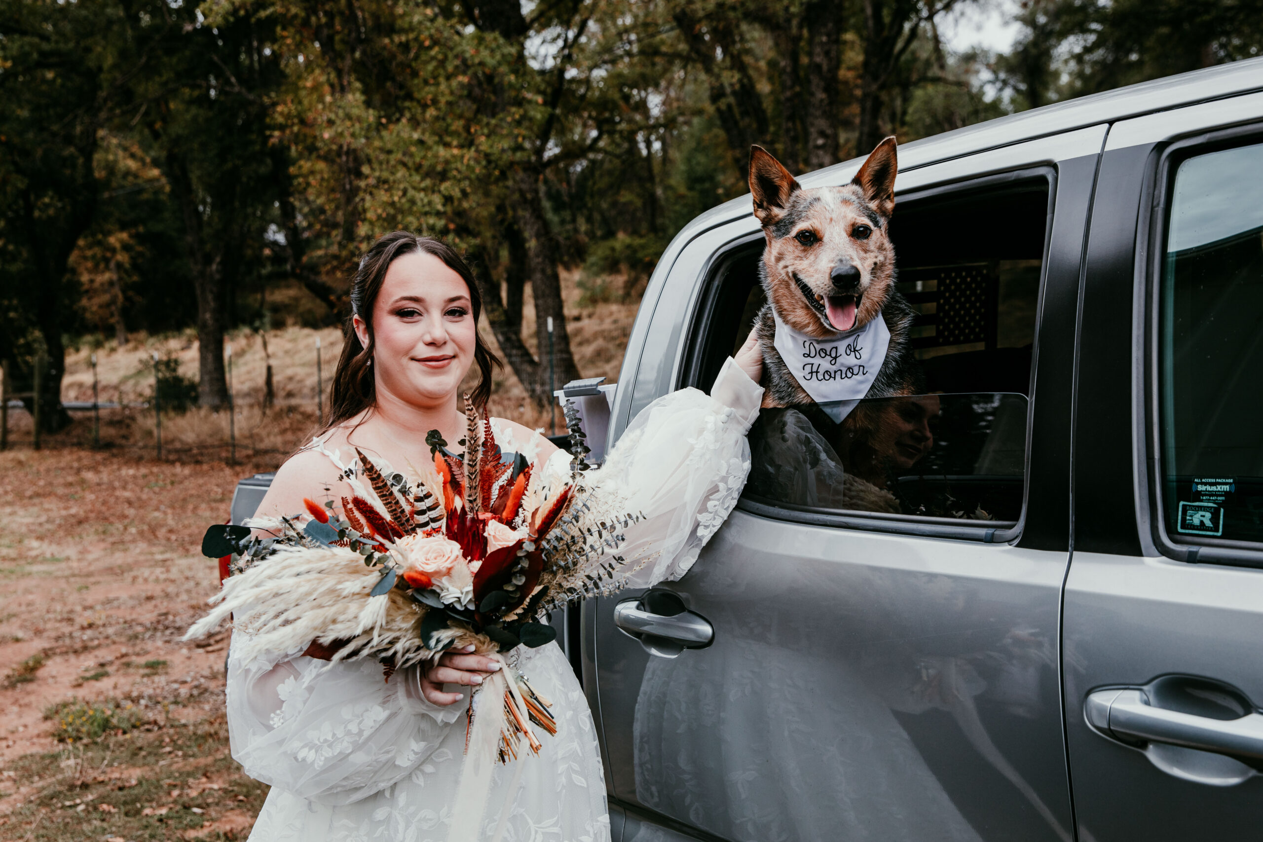bride and her dog during a fall elopement in Yosemite National Park